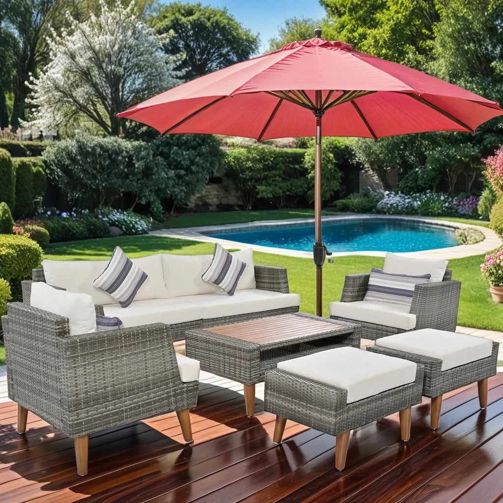 6 Pieces Wicker Patio Furniture Set Outdoor Conversation Set, All Weather PE Rattan Sectional Sofa Couch with Storage Table and Cushions, Beige