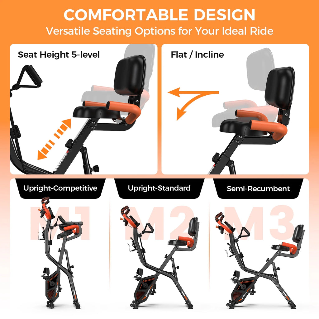 pooboo 4-in-1 Exercise Bike, Foldable Stationary Bike, Tri-Position Indoor Cycling Bike with 8-Level Resistance, Arm Resistance Bands, Pulse Sensor & Back Support Cushion for Home Gym Workout