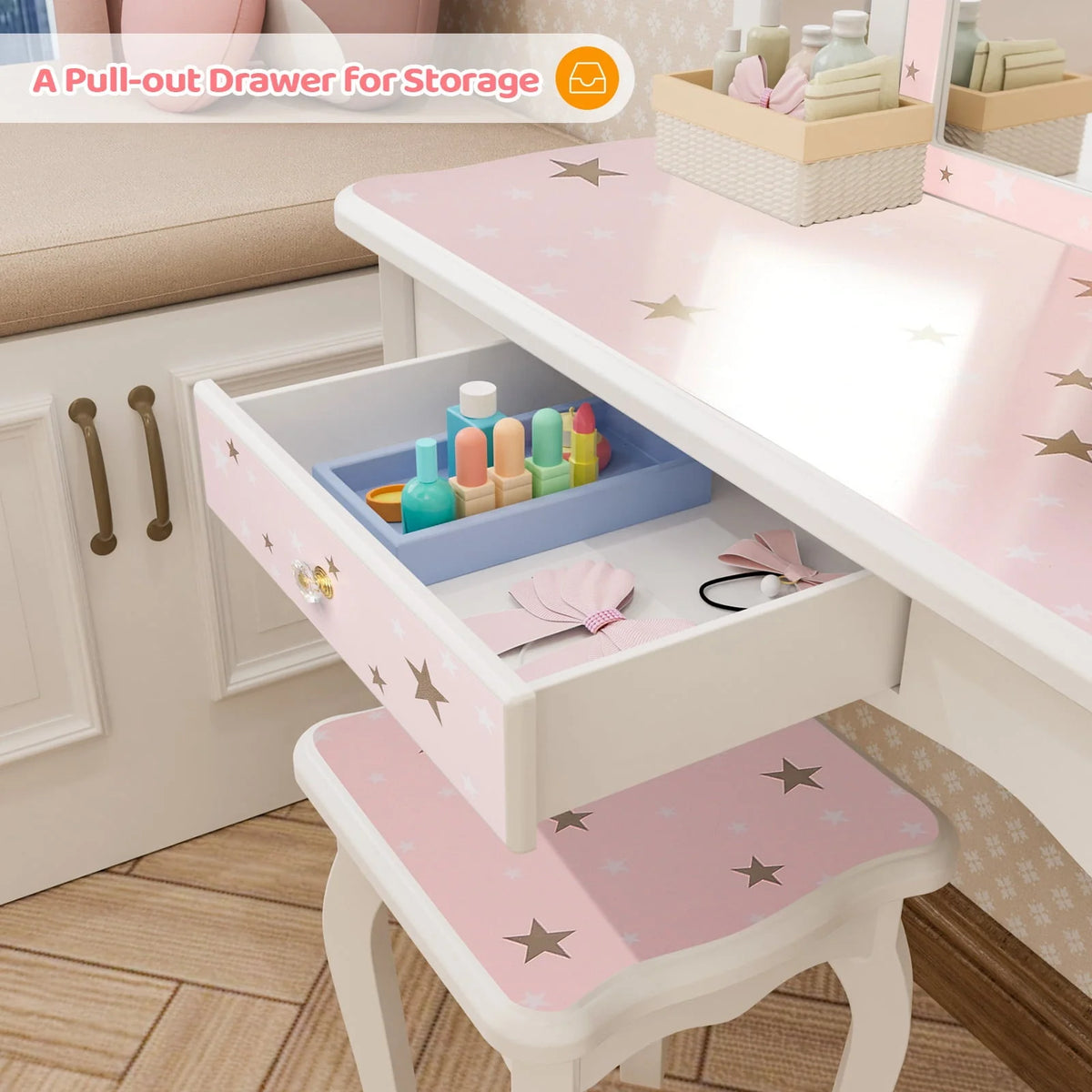 JOYMOR Kids Vanity Table and Stool for Makeup Dressing with Mirrors Drawers, White