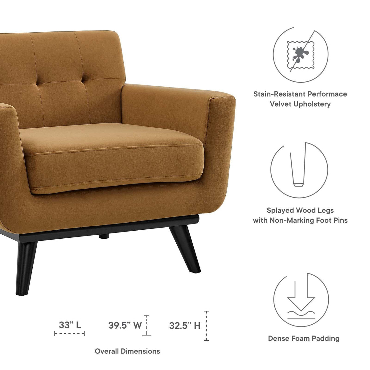 Modway Engage Performance Velvet Armchair in Cognac