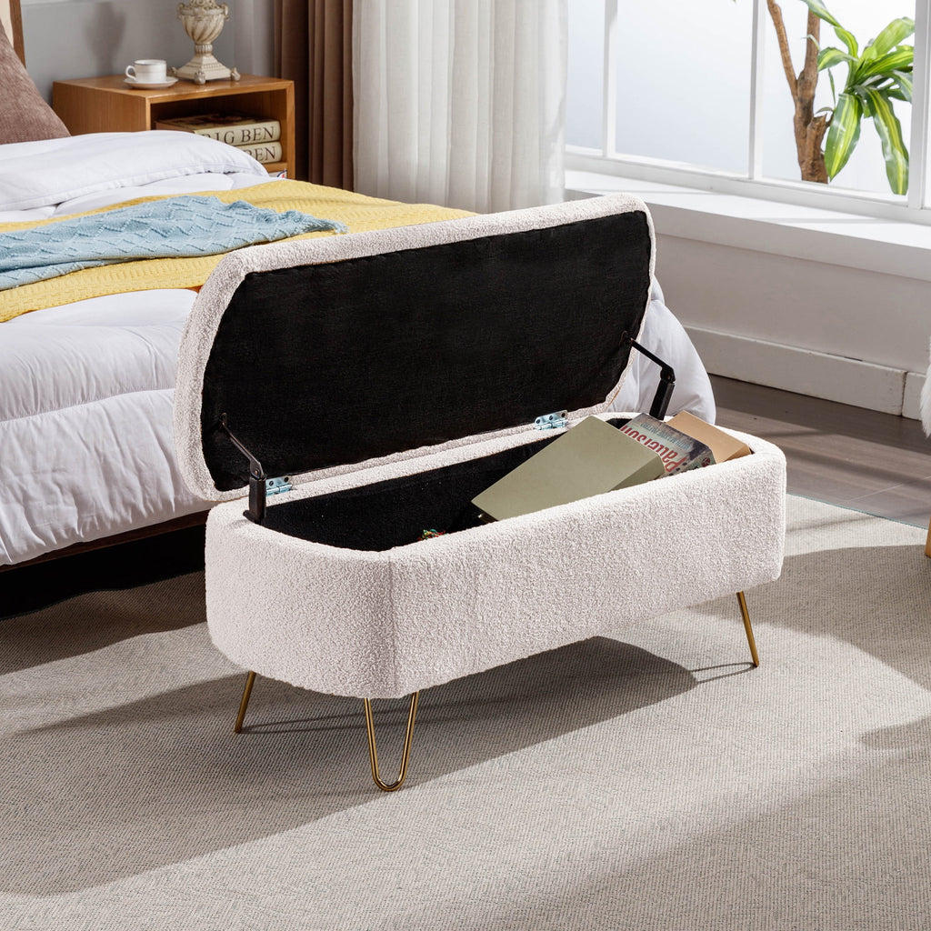 Syngar Entryway Bench with Storage for Bedroom, Living Room, and End of Bed, Faux Fur Ottoman Foot Rest with Storage,Upholstered Bench with Storage with Metal Leg,Ivory