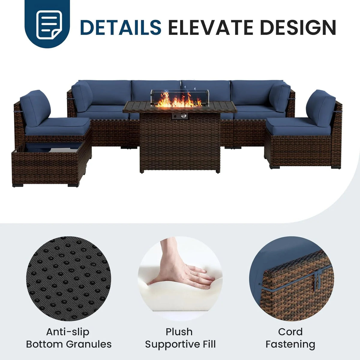 MRUAKA 8 Pieces Patio Furniture Set with Fire Pit Table, Outdoor Furniture Sectional Rattan Sofa with Slanted Back, Patio Couch with Glass Coffee Table for Backyard Garden (Dark Grey)