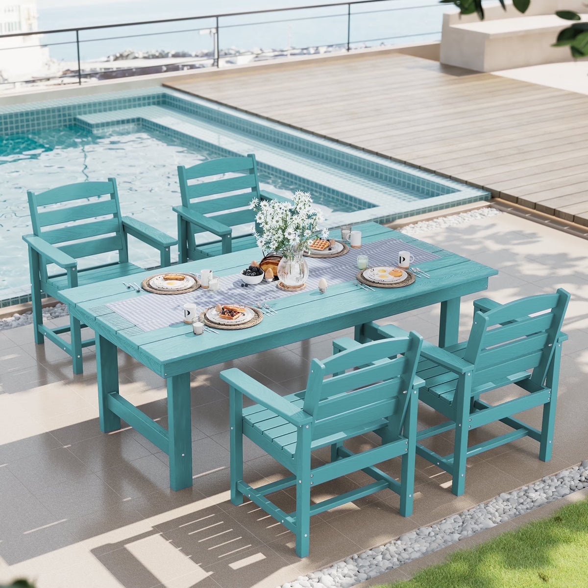 SERWALL Outdoor HDPE Dining Table Set, 7-Piece Outdoor Dining Table Sets with Umbrella Hole, Grey