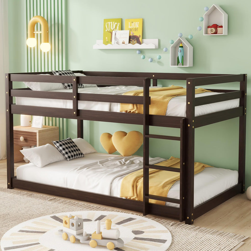SESSLIFE Bunk Bed Twin Over Twin, Low Floor Bunk Bed with Guard Rails for Dorm, Small Space, No Box Spring Needed(White)