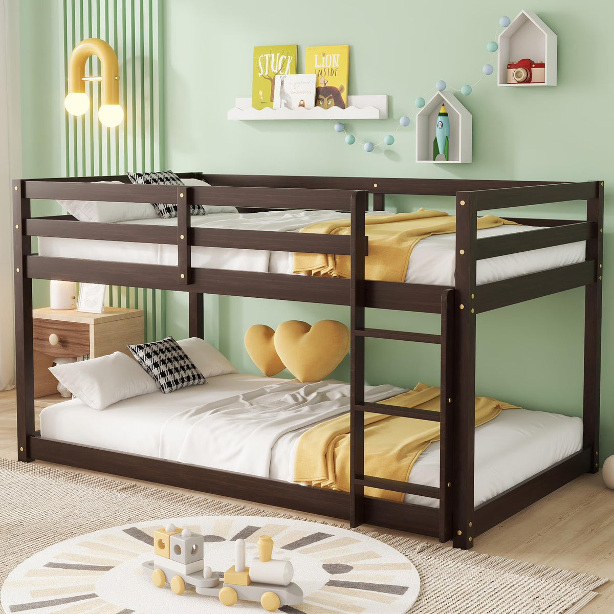 SESSLIFE Bunk Bed Twin Over Twin, Low Floor Bunk Bed with Guard Rails for Dorm, Small Space, No Box Spring Needed(White)