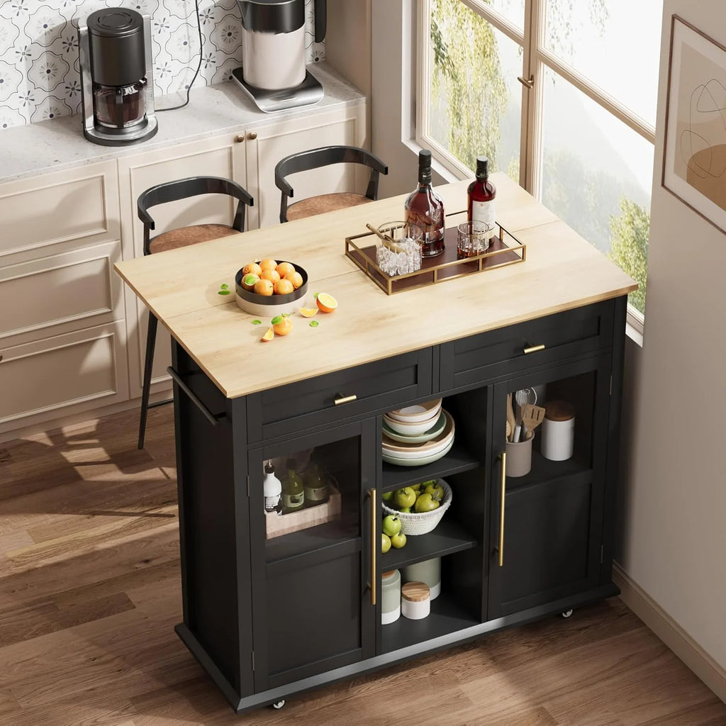 WALYWIK Foldable Kitchen Island Cart with Wheels, 2 Glass Doors, Spice Rack & Towel Holder Compact Mobile Storage Cart for Small Kitchens, Dining Rooms, Camping & RVs - Grey