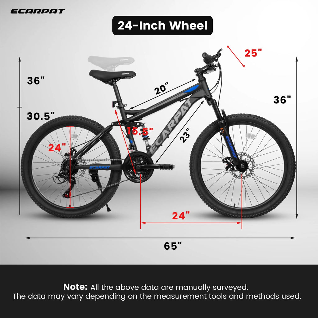 24 inch Dual/Front Suspension Mens Womens Mountain Bike,21 Speeds Dual Disc Brake,High-Carbon Steel Frame,Trail Beach Snow Commuter City Bikes,Black