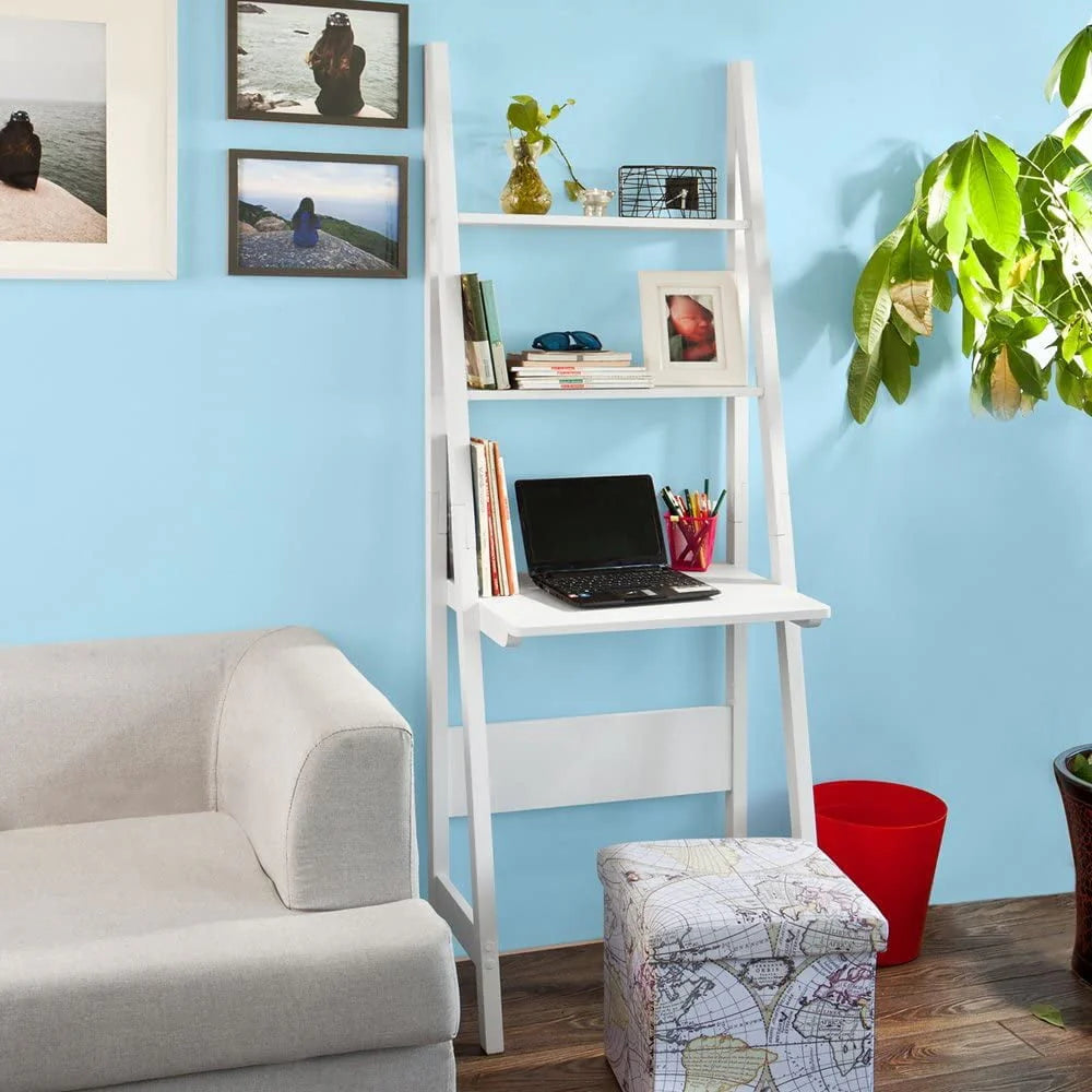 Haotian FRG60-W, White Ladder Shelf Desk, Bookcase, Book Shelf, Leaning Desk With Shelves, Wall Shelf