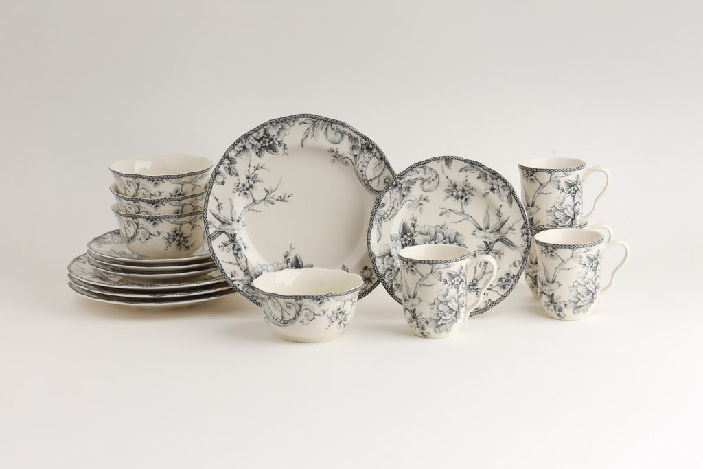222 Fifth Adelaide Round 16-Piece Porcelain Dinnerware Set, Black Toile