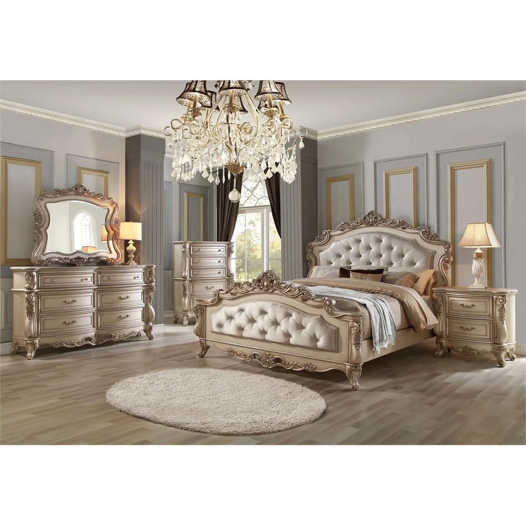Acme Gorsedd Queen Bed in Cream Fabric and Golden Ivory