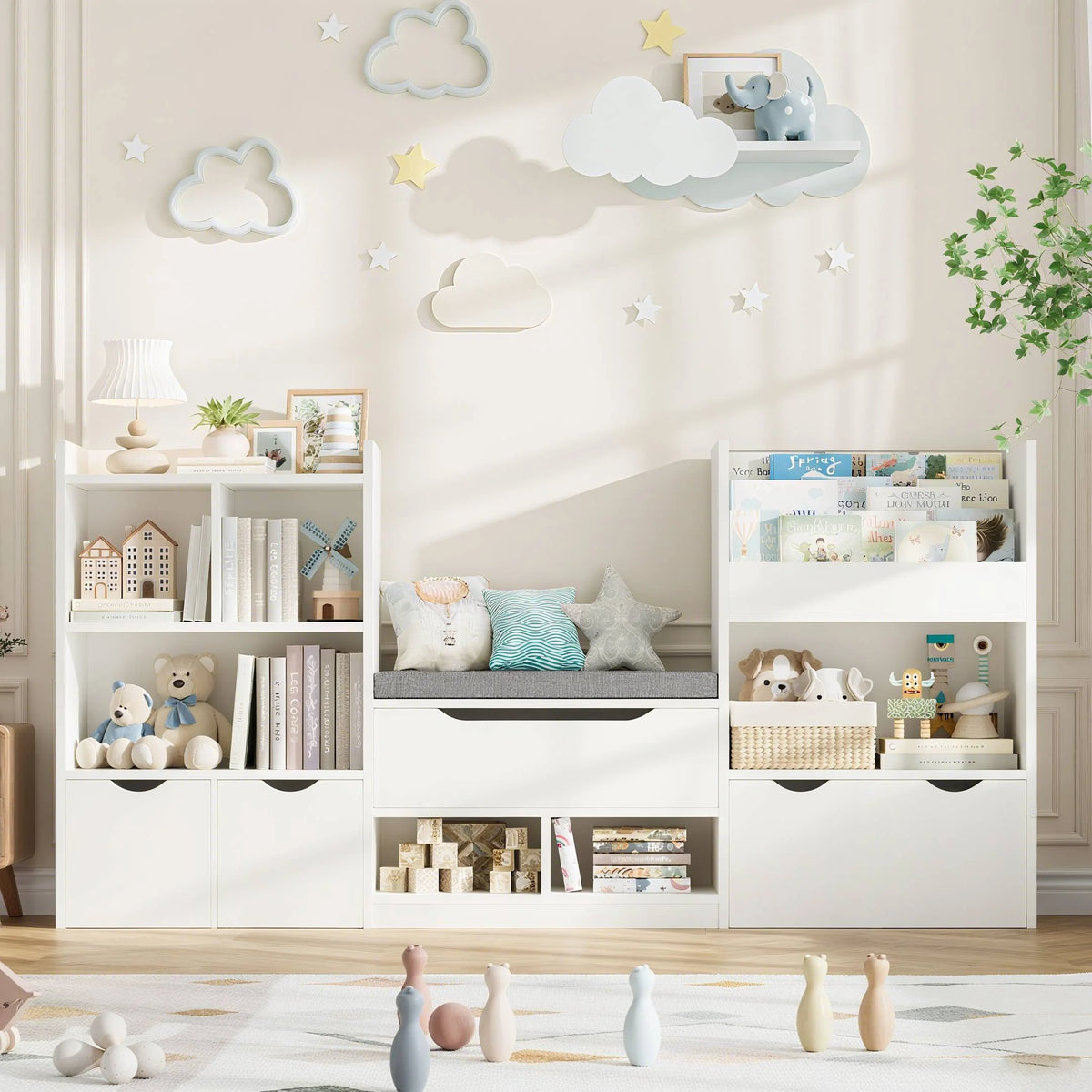 Hiphuta 72"Wide Kids Bookcase with Reading Nook and Under Bench Storage, Wooden Toy Storage Organizer & Book Rack for Kids Room, White