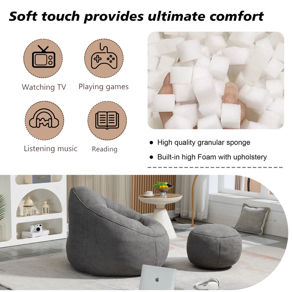 MOONMISS Microfiber Upholstered High Pressure Foam Round Lazy Bean Bag Sofa Chair with Ottoman-Gray