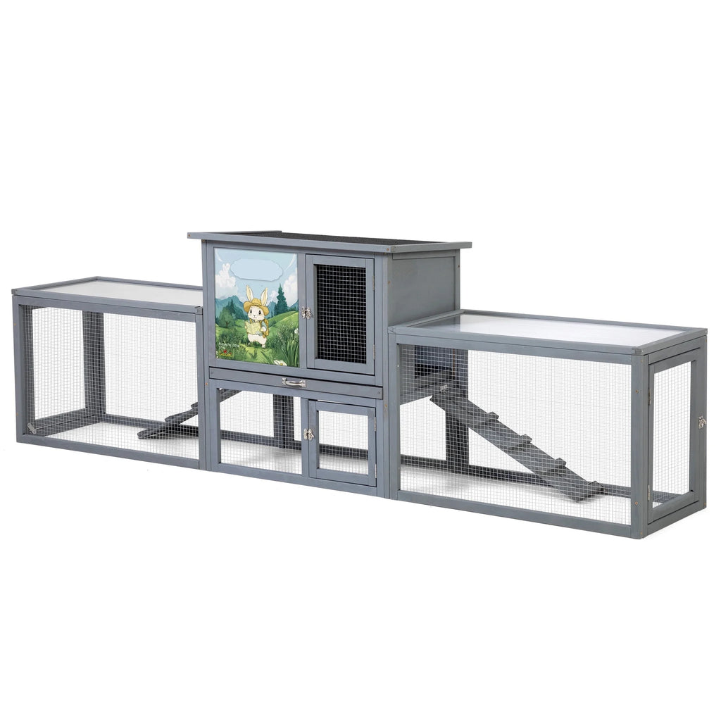 COZIWOW 94'' Wooden Large Rabbit Hutch with Pull Guinea Pig House Chincken Coop Gray