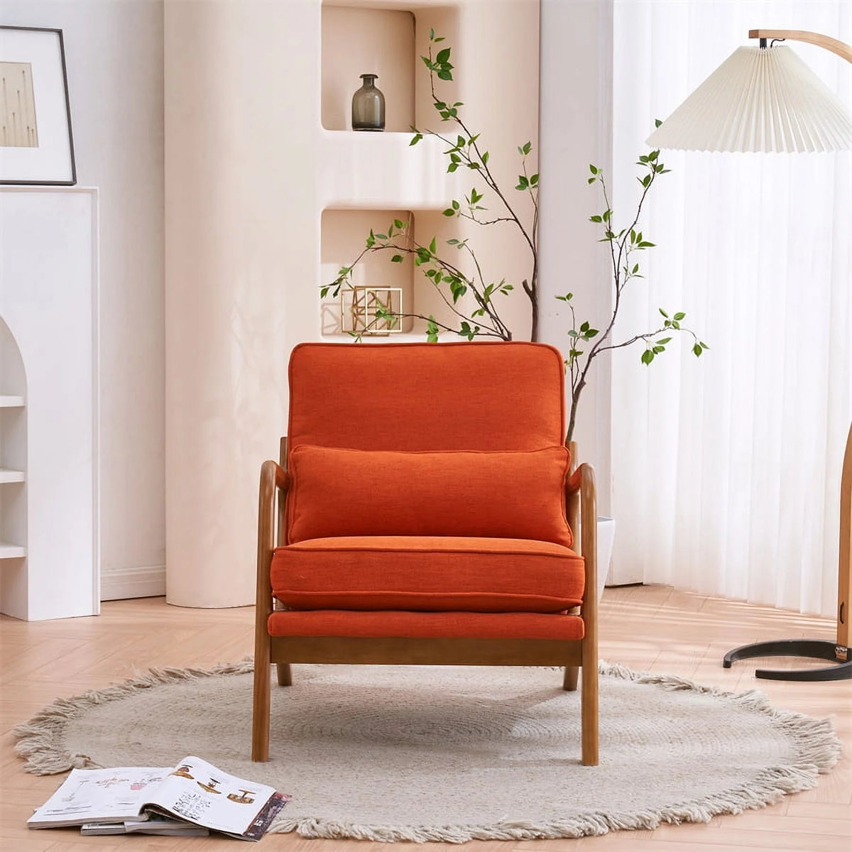 Modern Accent Chair, Upholstered Armchair with Wood Frame, Bronzing Cloth Single Sofa Chair with Lumbar Pillow for Living Room Bedroom Apartment, Orange