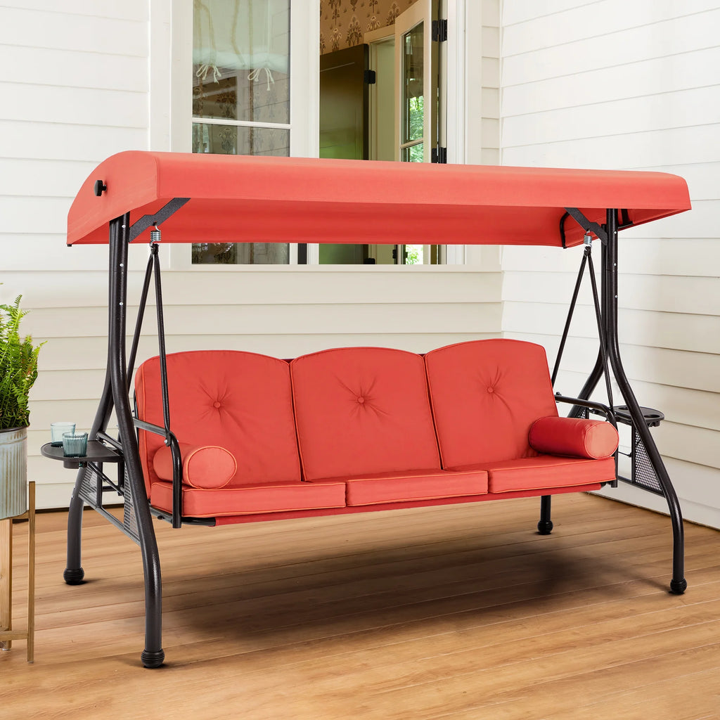 Homrest 3 Seat Outdoor Porch Swing with Adjustable Canopy, Cushions, and Cup Holder - Wine Red