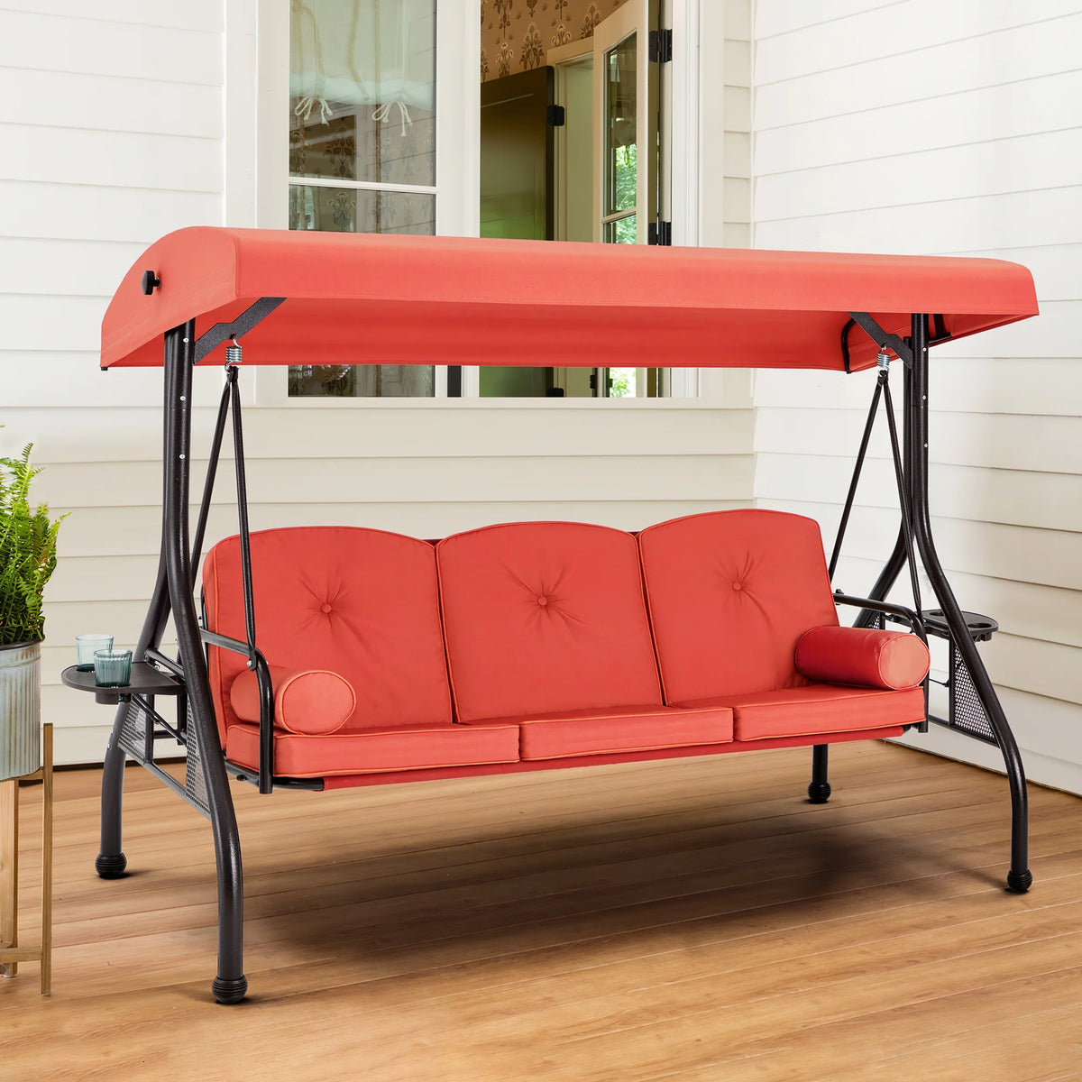 Homrest 3 Seat Outdoor Porch Swing with Adjustable Canopy, Cushions, and Cup Holder - Wine Red