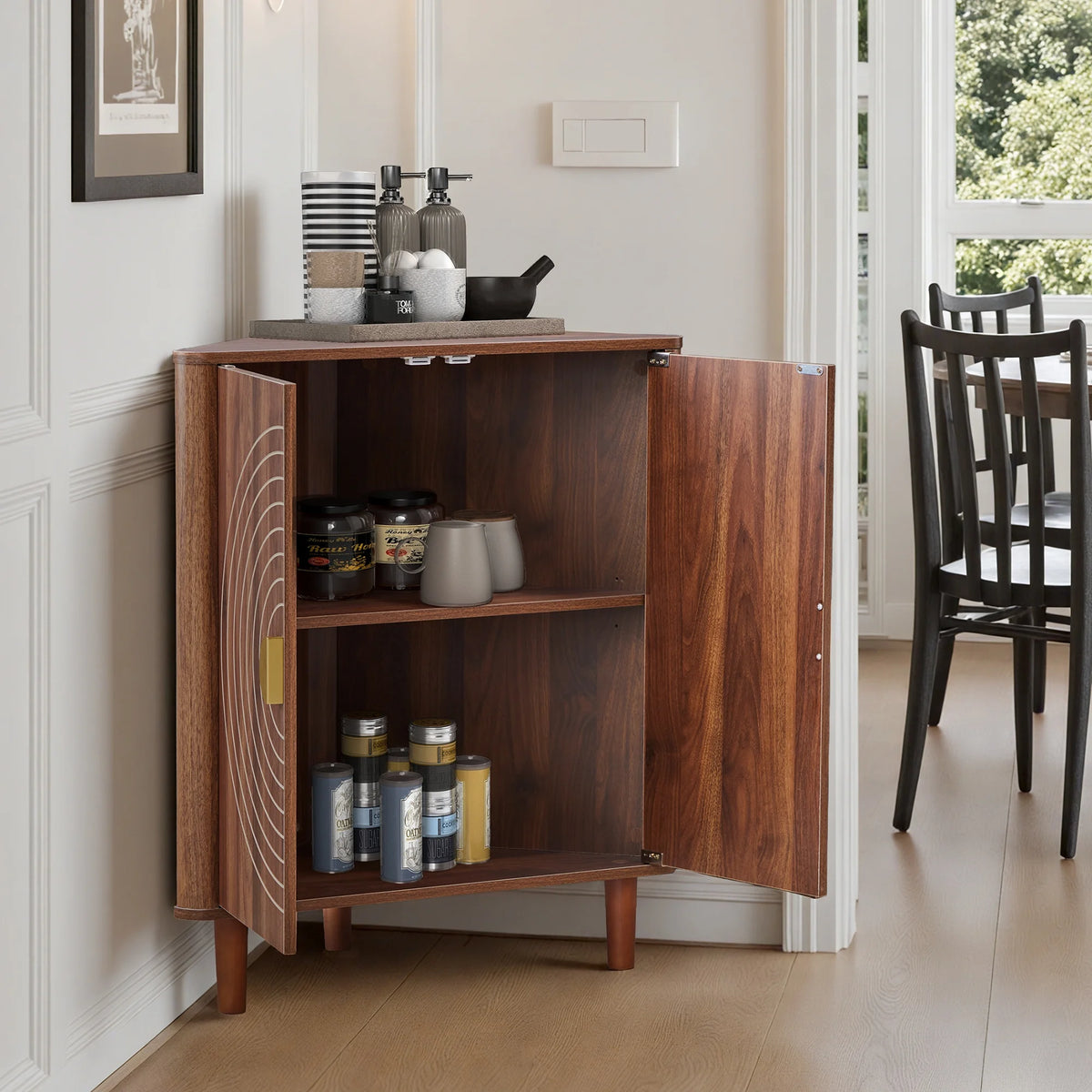 Accent Cabinet with Round Carved Line Door for Entryway Hallway, Walnut Sideboard Buffet Cabinet, Storage Cabinet with Adjustable Shelves for Living Room