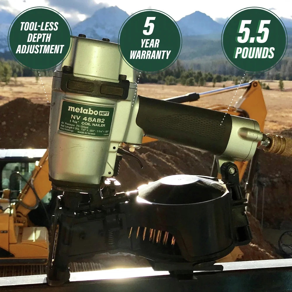 Metabo HPT Roofing Nailer, Pro-preferred Pneumatic Power Nailers in Roofing tools, Pneumatic Roofing Nailer for Asphalt Roofing Shingles, Nailer 16 Degree 7/8 to 1-3/4 Roofing Nails, NV45AB2