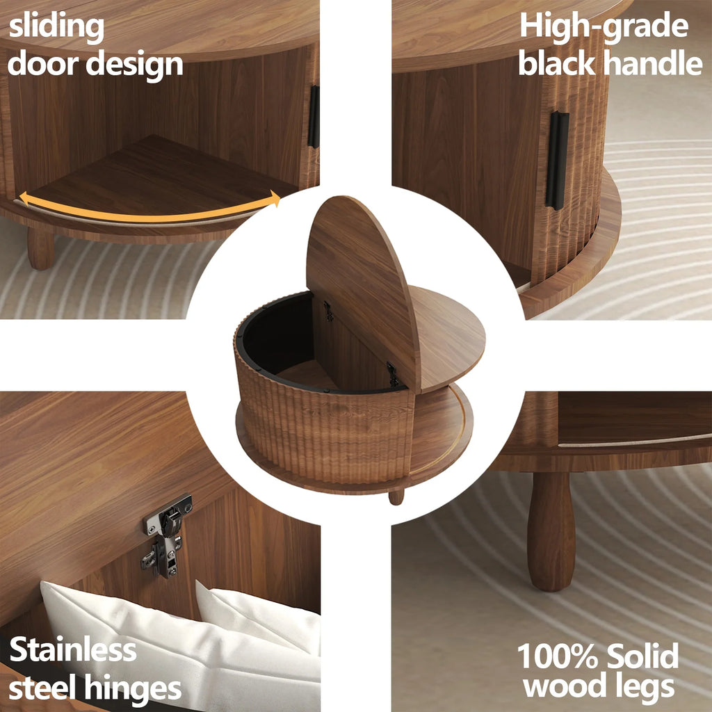 RUMLIVE Round Coffee Table with Storage, 30.7" Modern Coffee Table with 360 Curved Sliding Door, Fluted Wood Coffee Table with Footpads, Round Center Table for Living Room, Black