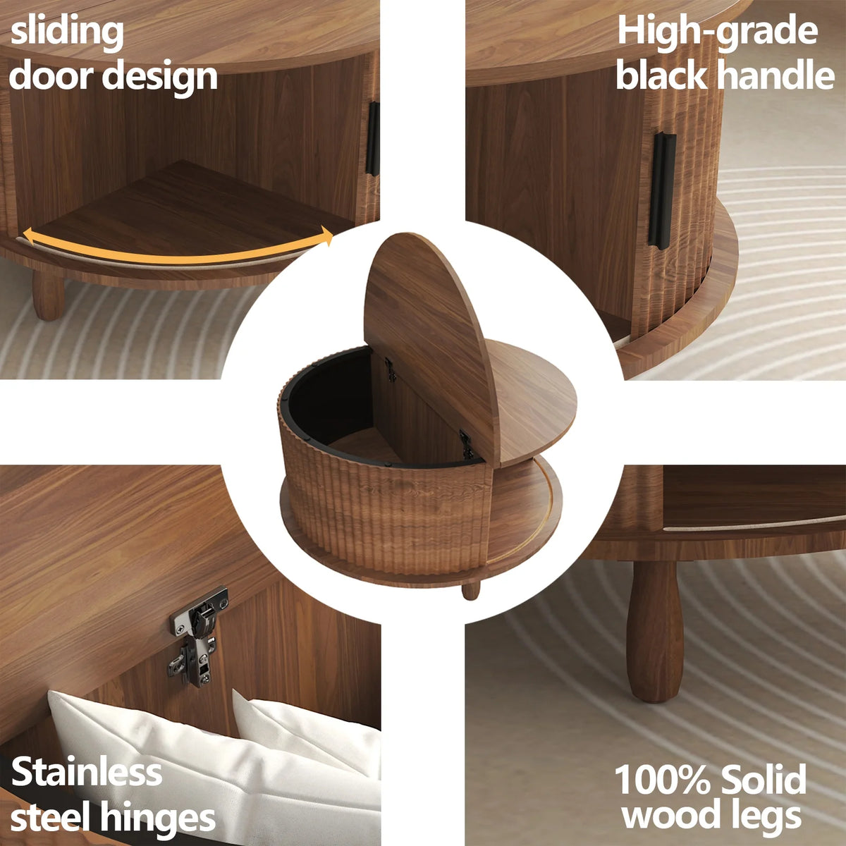 RUMLIVE Round Coffee Table with Storage, 30.7" Modern Coffee Table with 360 Curved Sliding Door, Fluted Wood Coffee Table with Footpads, Round Center Table for Living Room, Black
