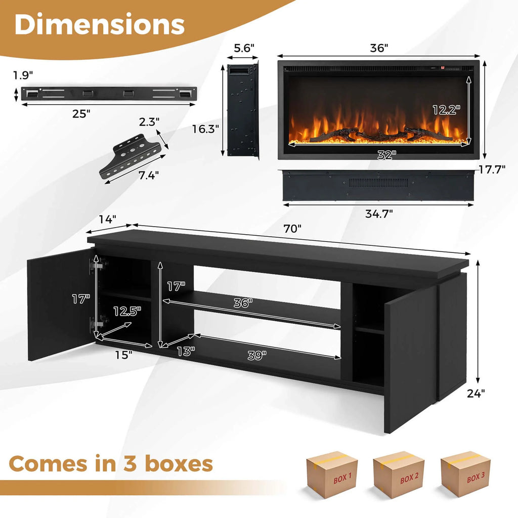 Costway Fireplace TV Stand for TVs up to 80" with Electric Fireplace 3 Adjustable Shelves Black