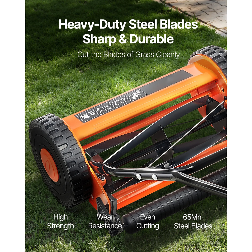 KFFKFF 16-Inch Manual Push Reel Lawn Mower, 5-Blade Design, Adjustable Cutting Height from 0.6 to 1.75 Inches, Walk-Behind Mower with Grass Collection Bag for Lawns, Driveways, and Courtyards