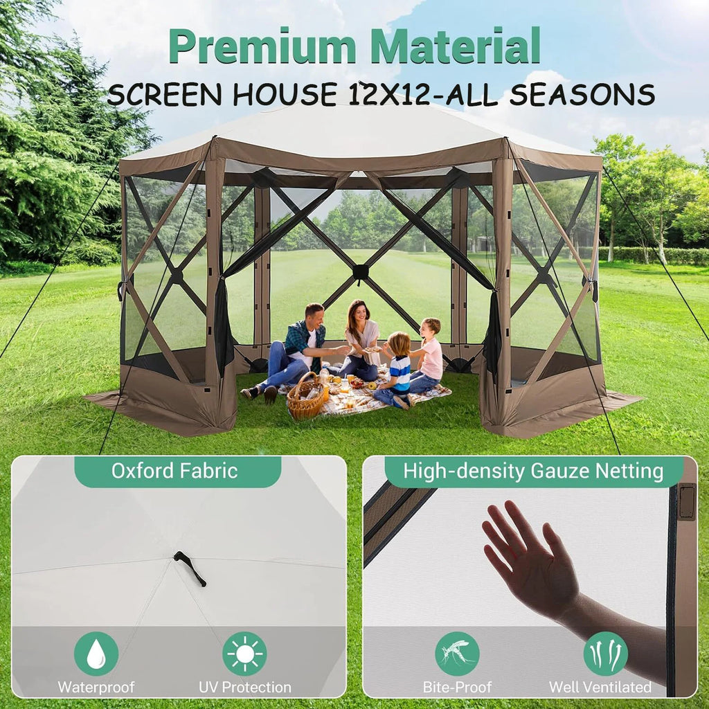 COBIZI 12x12 Pop Up Canopy Gazebo, Outdoor Canopy Tent Screen House with 5 sidewalls and Netting for Camping, Waterproof, UV Resistant, Ez Set-up Party Tent with Carrying Bag and Ground Stakes,Brown