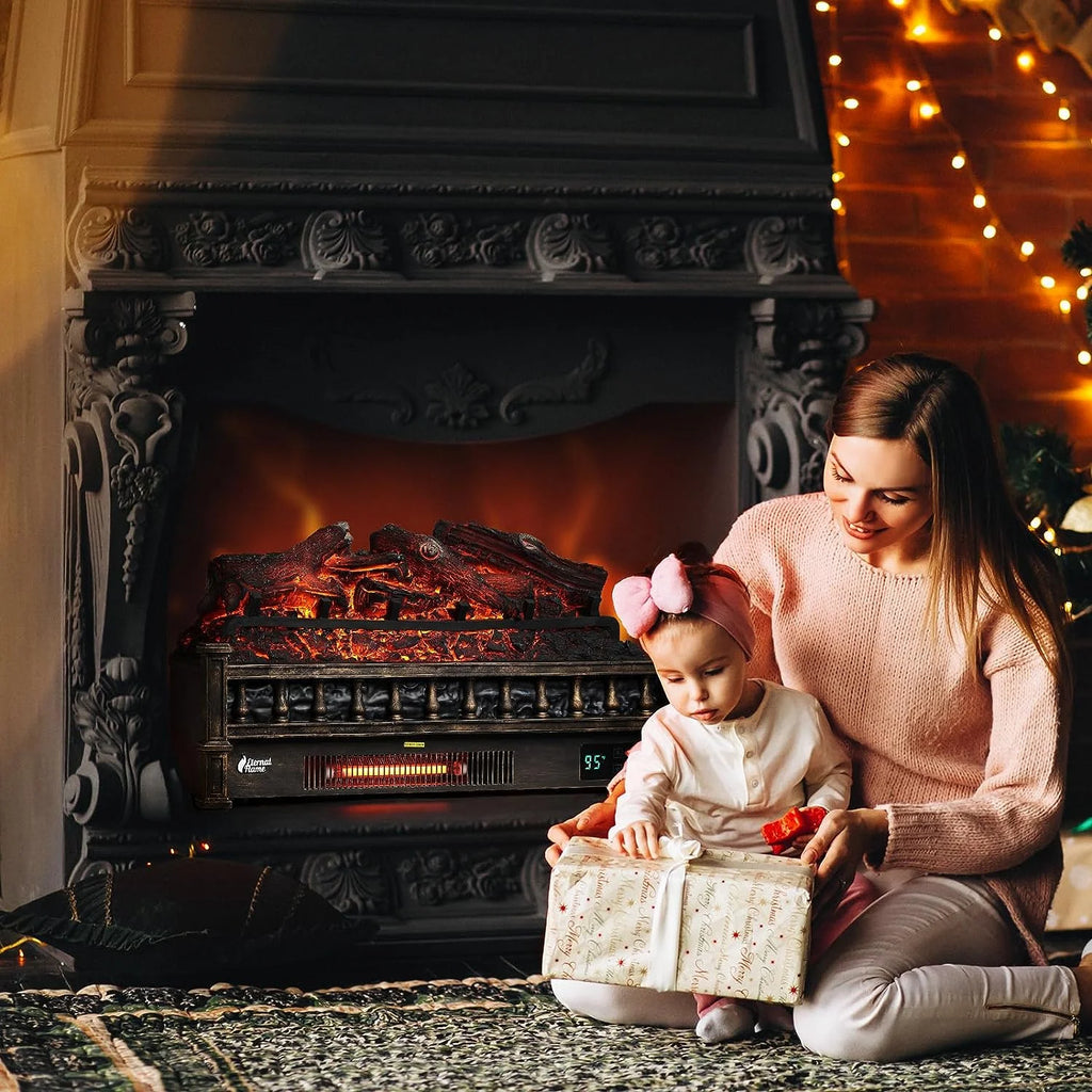 TURBRO Eternal Flame 26 in. WiFi Infrared Quartz Electric Fireplace Log Heater with Sound Crackling, Realistic Pinewood Logs, Adjustable Flame Colors, Remote Control, Thermostat, Timer, 1500W Bronze