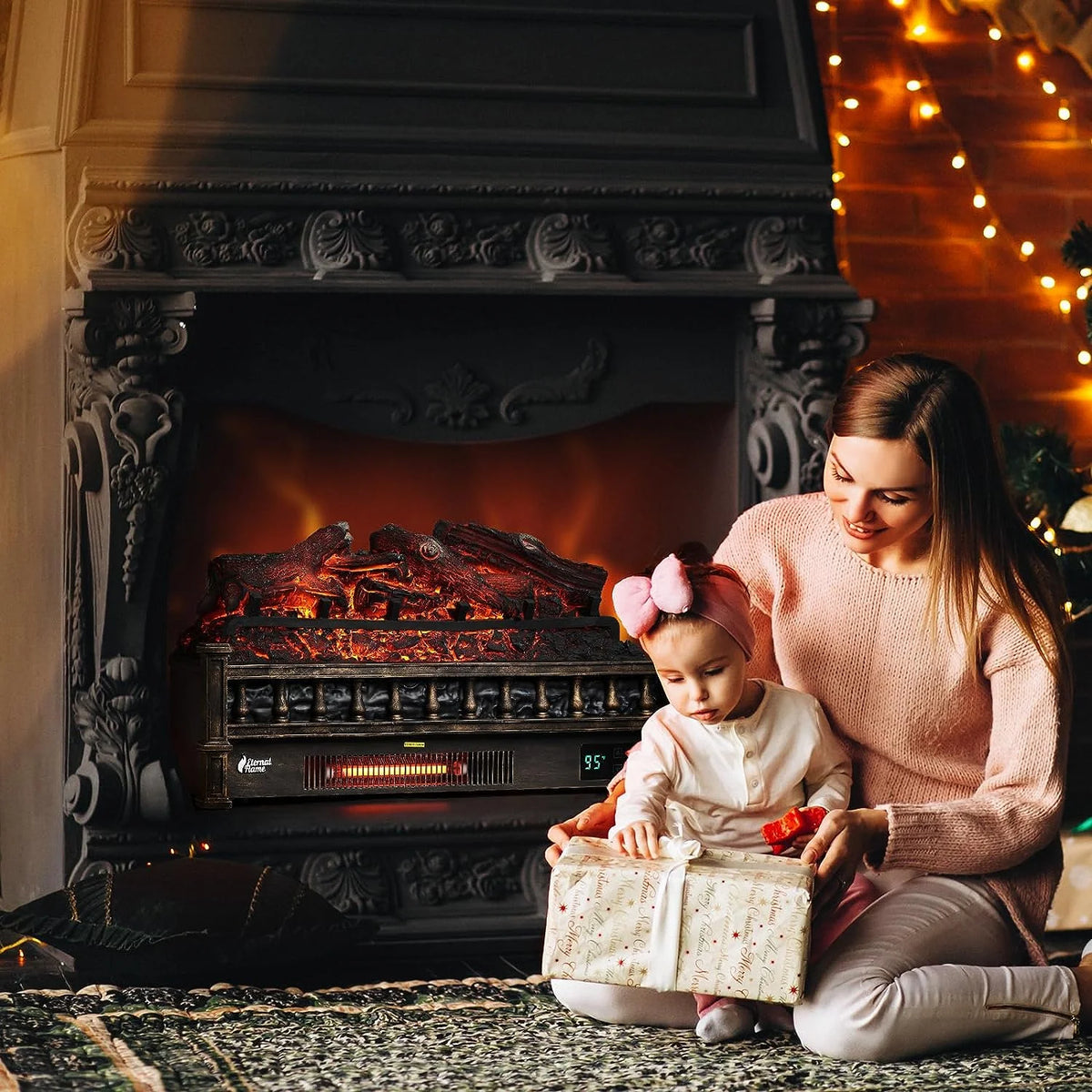 TURBRO Eternal Flame 26 in. WiFi Infrared Quartz Electric Fireplace Log Heater with Sound Crackling, Realistic Pinewood Logs, Adjustable Flame Colors, Remote Control, Thermostat, Timer, 1500W Bronze