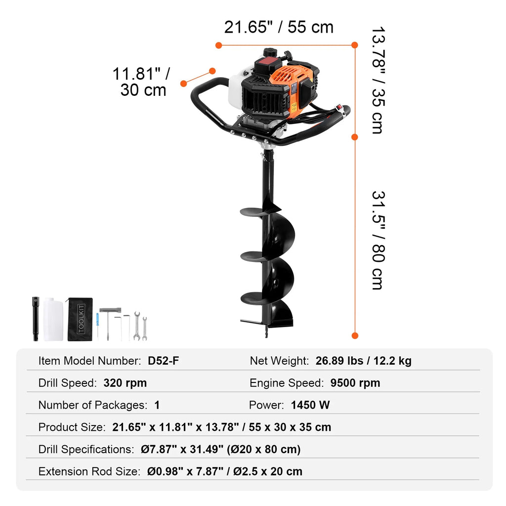 KFFKFF Gas Earth Auger, 52CC 1450W, includes 8 Drill Bit & Extension Rod, Ideal for Garden, Farmland Fence Installation, Orange & Black