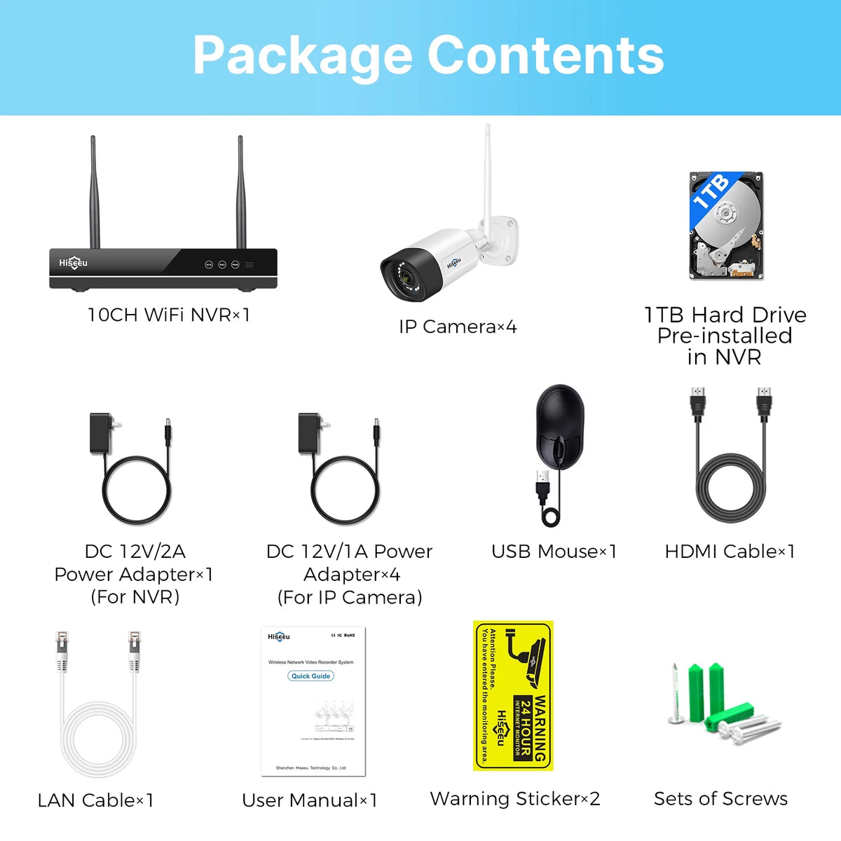 Hiseeu Wireless Security System w/ 4 Cameras, 2 Way Audio, & 1TB Hard Drive