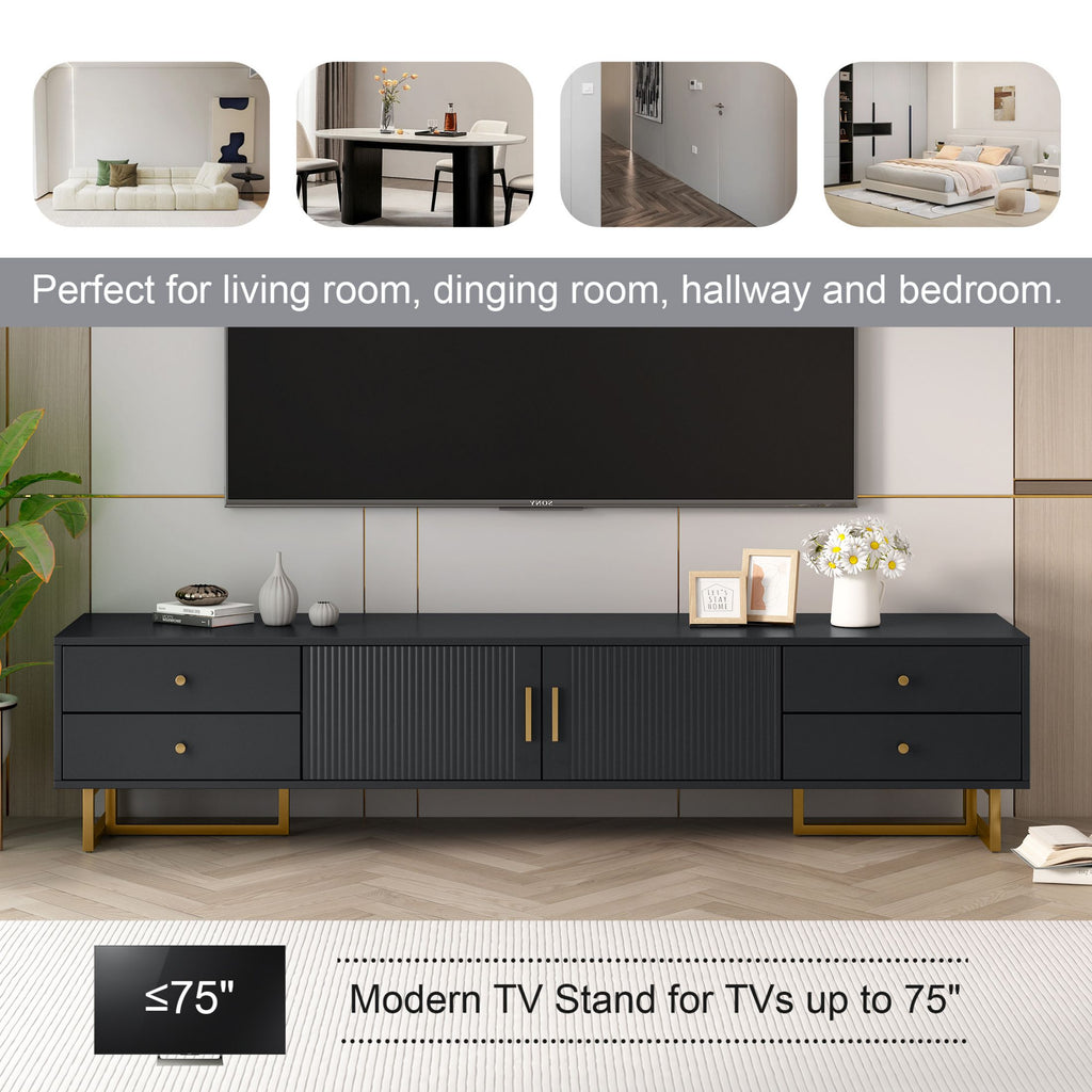 DEALTOPS Stylish TV Stand with 4 Drawers, Spacious Media Console with Metal Legs for TVs Up to 75'', Black