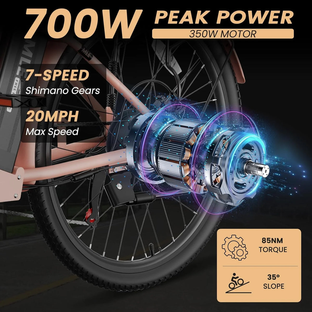 MOONCOOL Electric Bicycle for Adults 350W , 7-Speed Ebike with 36V 10.4Ah Removable Battery 40 Miles Range , 20 mph Electric Commuter Bike for Women Men, Certified to UL 2849 by SGS