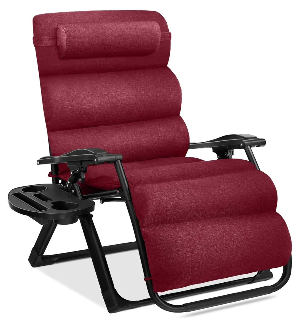 Oversized Chair, Folding Outdoor Patio Recliner, XL Anti Gravity Lounger w/Removable Cushion, Cup Holder, Side Tray, 350lb Capacity - Taupe