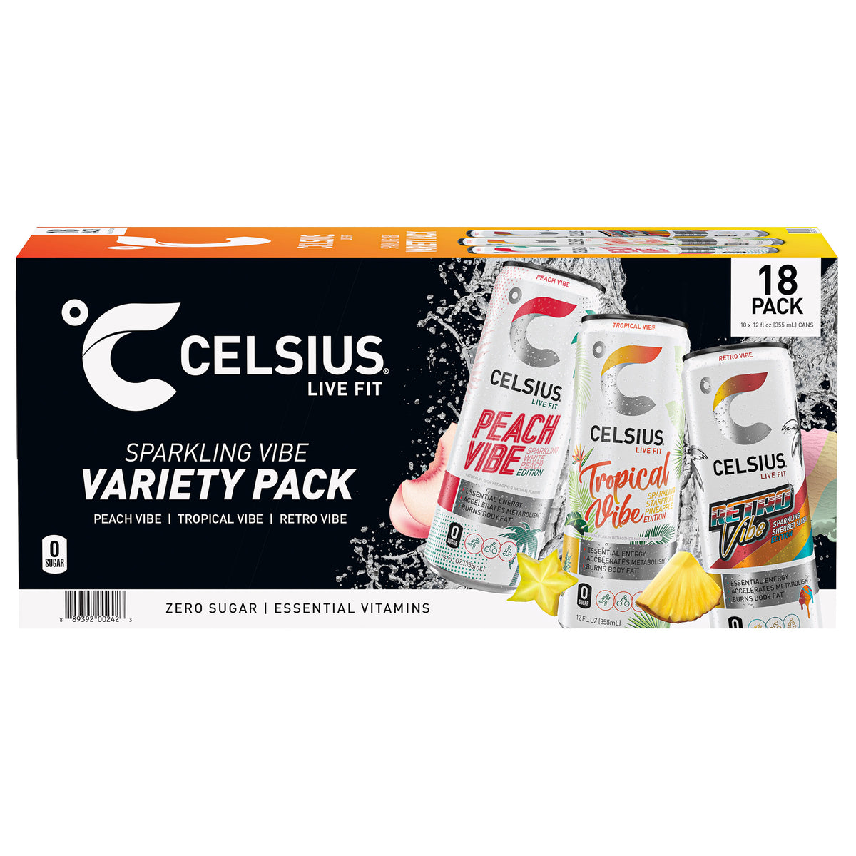 Celsius Sparkling Energy Drink, Vibe Variety Pack, 12 fl oz, 18-count