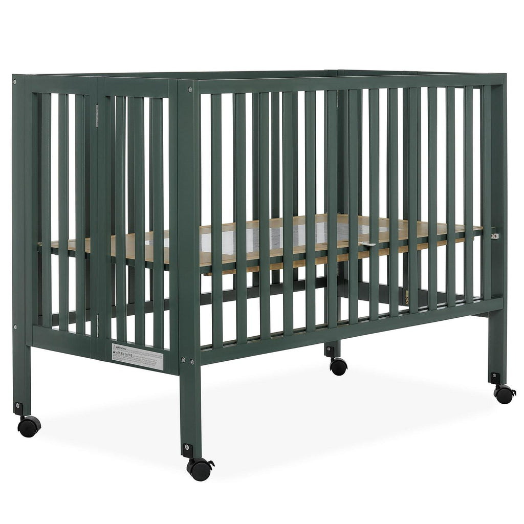Dream On Me Quinn Full-Size Folding Crib. Removable Wheels. Modern Nursey. Adjustable Mattress Support. Patent Folding System in Olive