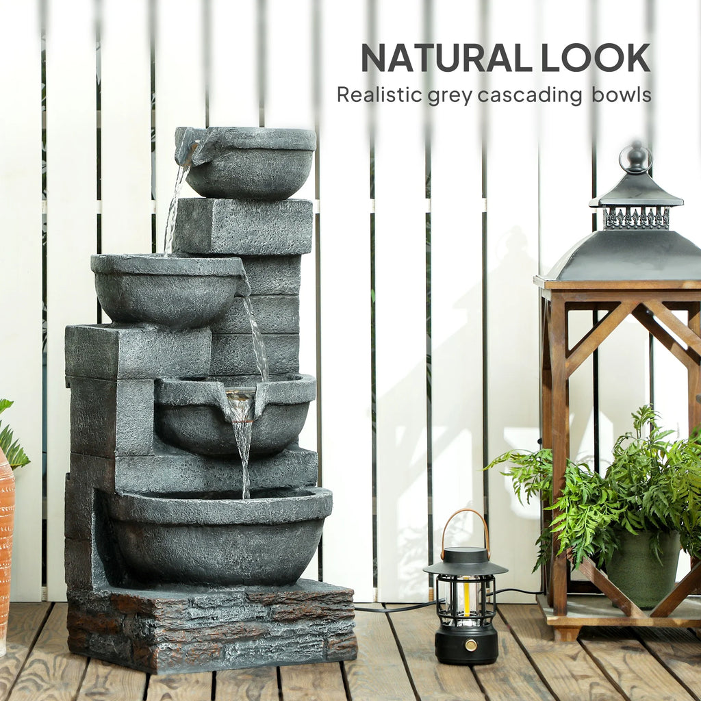 Outsunny 30" Outdoor Fountain with Lights, 4-Tier Resin Cascading Water Bowls Garden Fountain with Pump, Gray