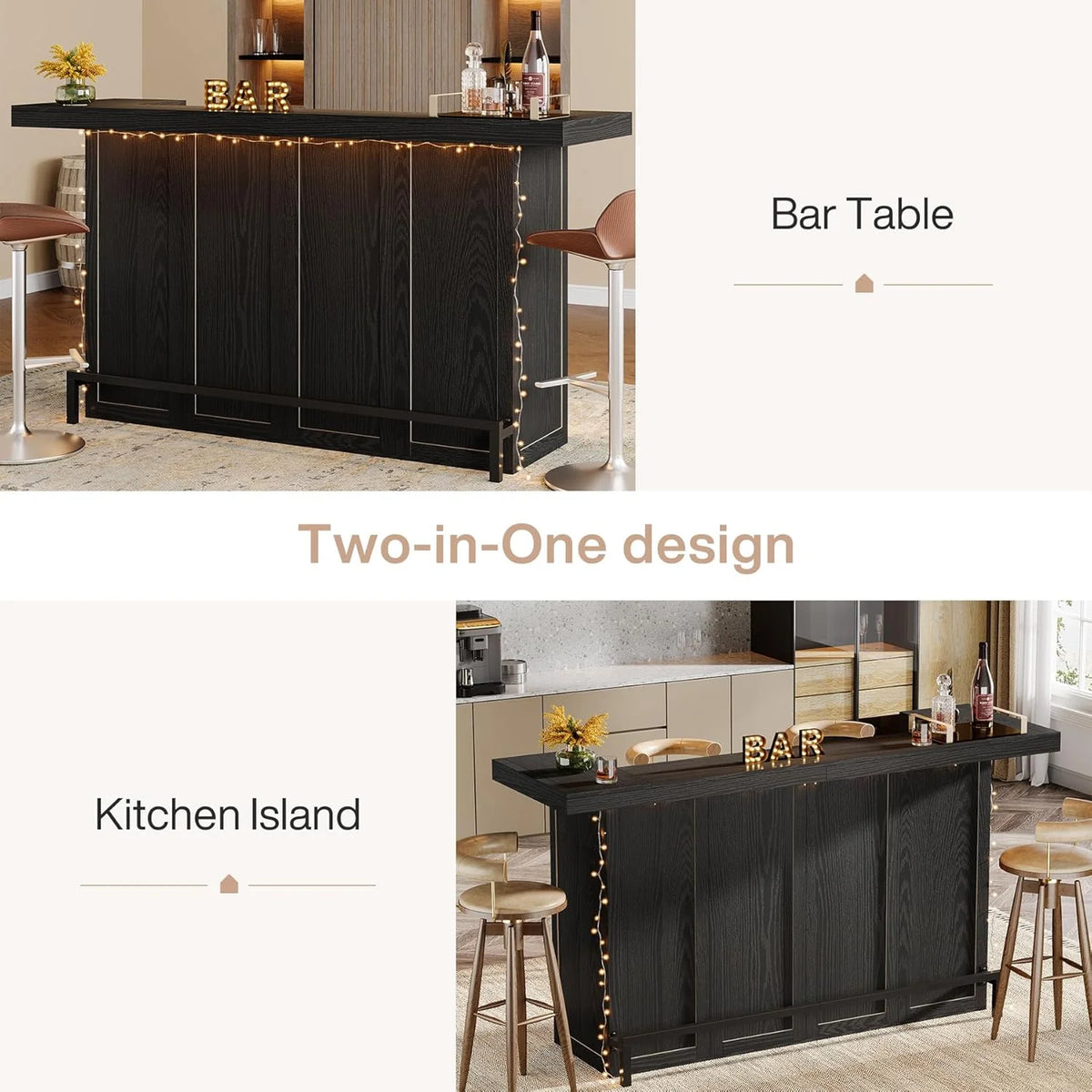 4-Tier Bar Table, 70.9-Inch Large Modern Home Bar Cabinet with Wine Glass Holder and Black Footrest