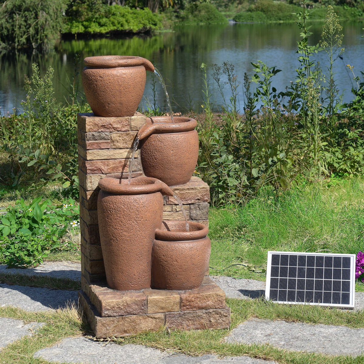 Teamson Home 30.71" 4-Tier Cascading Bowl Solar Powered Water Fountain for Outdoor Living Spaces, Terracotta