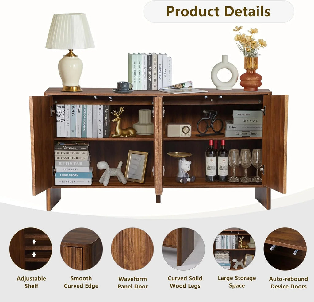 Wirrytor Sideboard Storage Cabinet with Doors and Shelves, Buffet Cabinet with Storage, Credenza Storage Cabinet for Kitchen, Wooden Fluted Cabinet, Under TV Cabinet with Storage - Black