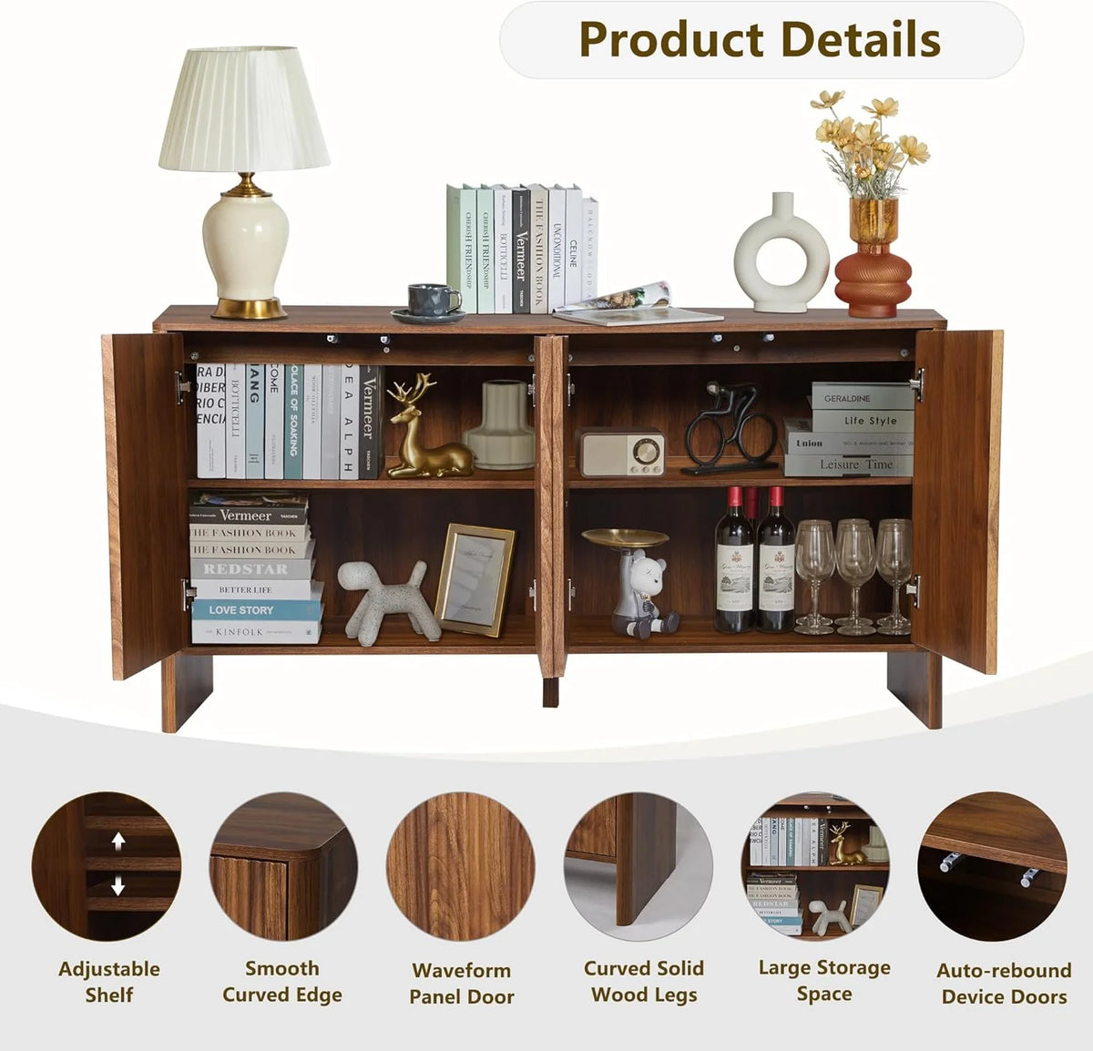 Wirrytor Sideboard Storage Cabinet with Doors and Shelves, Buffet Cabinet with Storage, Credenza Storage Cabinet for Kitchen, Wooden Fluted Cabinet, Under TV Cabinet with Storage - Black