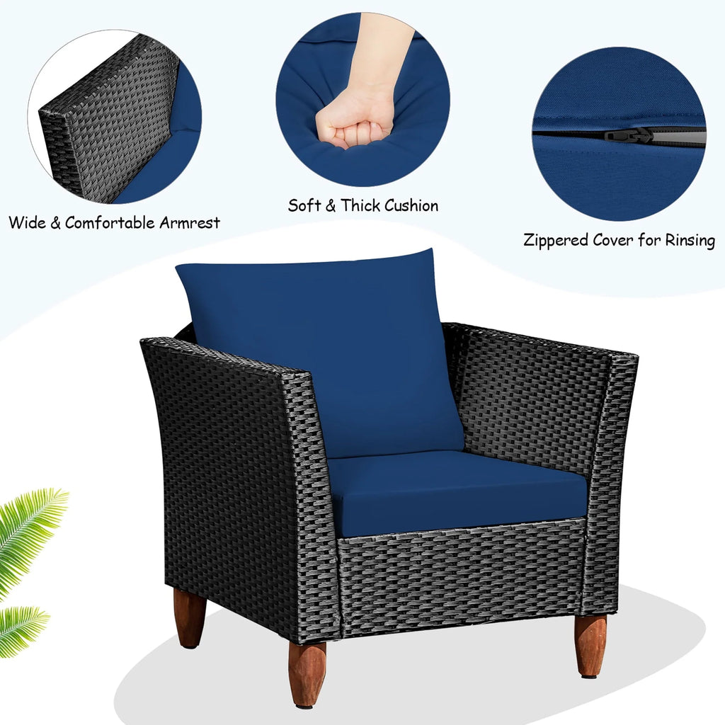 Costway 3PCS Outdoor Patio Rattan Furniture Set Wooden Table Top Cushioned Sofa Navy