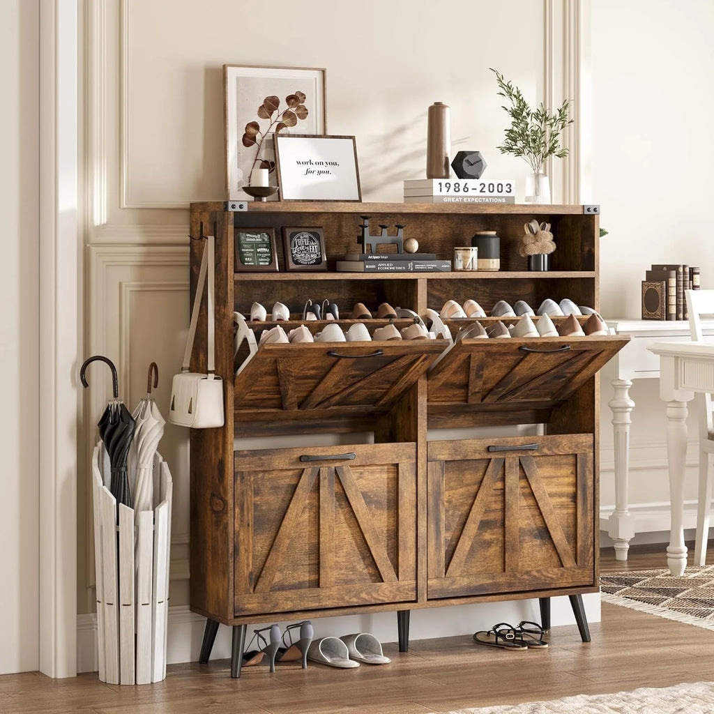 Veanerwood Shoe Cabinet with 2 Flip Drawers Farmhouse Shoe Storage Cabinet Organizer for Entryway, Gray