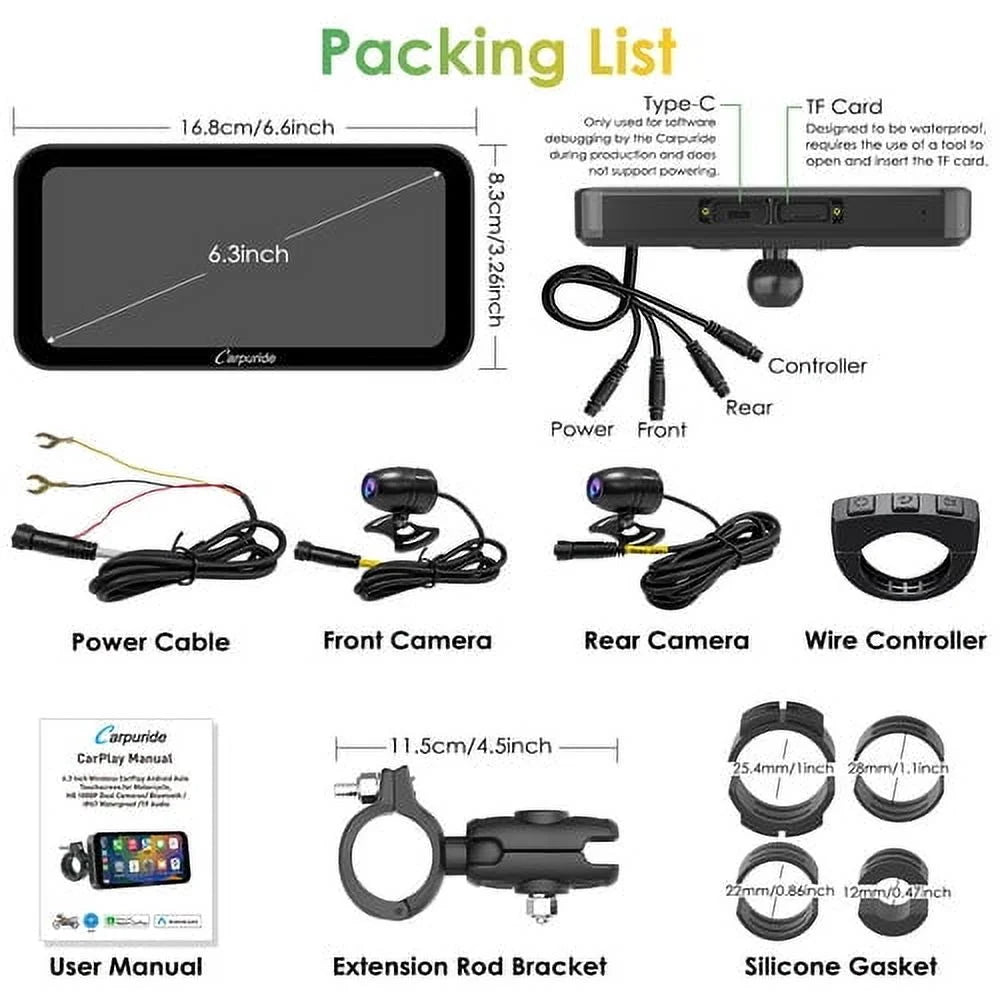 Carpuride W603D Wireless Portable Carplay A-Auto Waterproof IP67 Motorcycle Stereo HD Dual Cameras