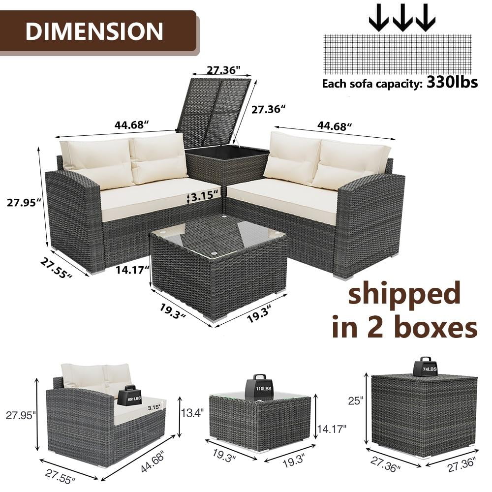 SEGMART 4 Piece Patio Furniture Set, All-Weather Outdoor Sectional Sofa Set, PE Rattan Conversation Set with Storage Box, Table & Cushions, Wicker Furniture Couch Set for Patio Deck Garden
