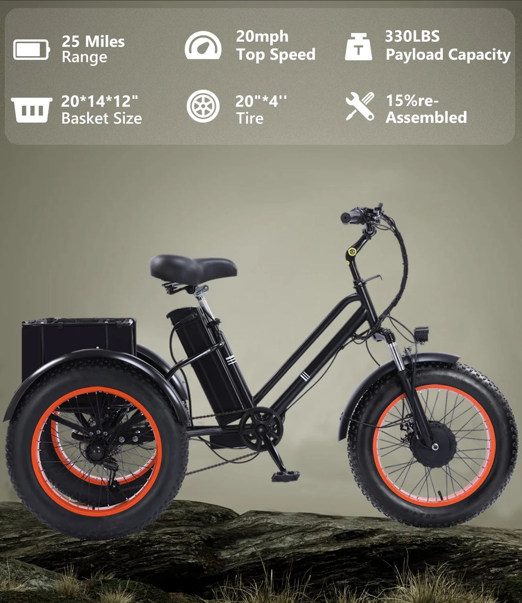 YEBEI Electric Tricycle for Adults Folding E-Trike Motorized Tricycle Electric 3 Wheels Trike Powerful 500W Motor Electric Tricycle 48V15AH Lithium Battery Max 20MPH 20*4.0 Fat Tire Orange