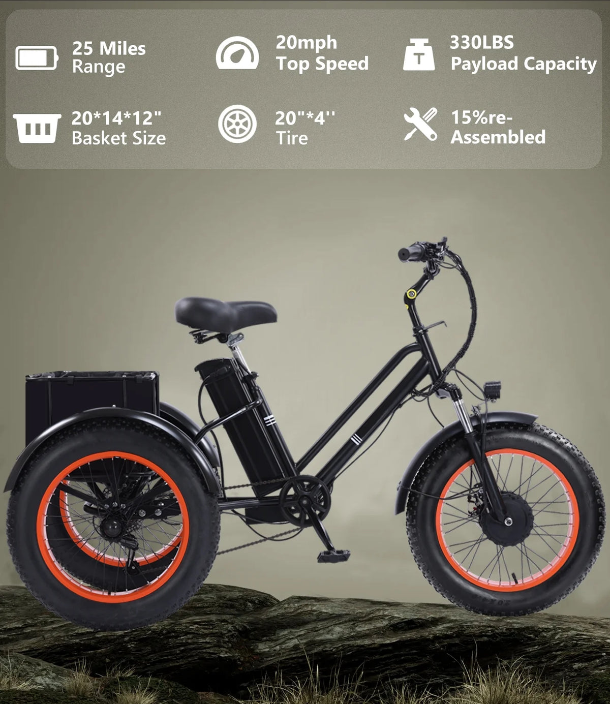YEBEI Electric Tricycle for Adults Folding E-Trike Motorized Tricycle Electric 3 Wheels Trike Powerful 500W Motor Electric Tricycle 48V15AH Lithium Battery Max 20MPH 20*4.0 Fat Tire Orange
