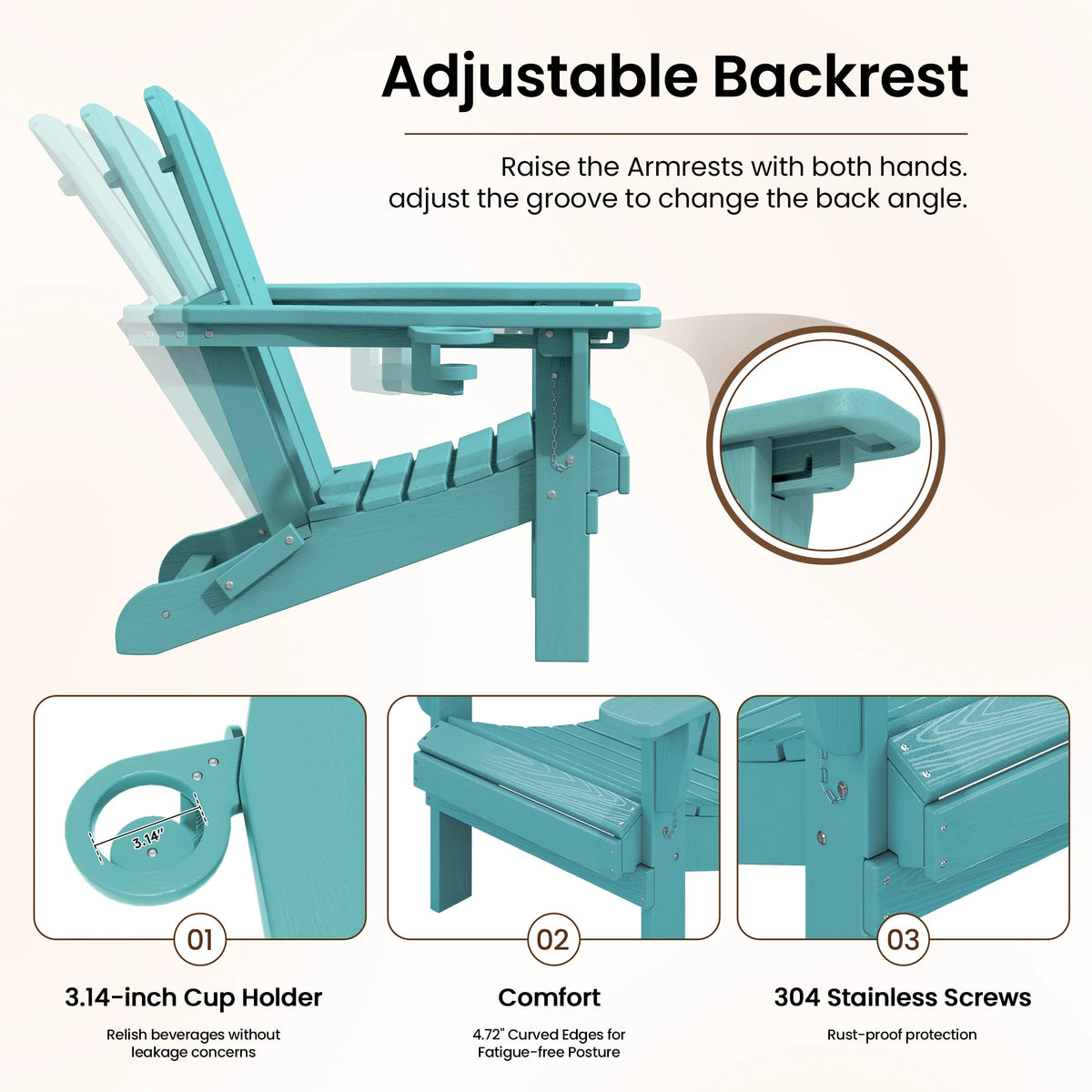 SERWALL Outdoor Adjustable Folding HDPE Adirondack Chairs Set of 2 with Cup Holder, Gray