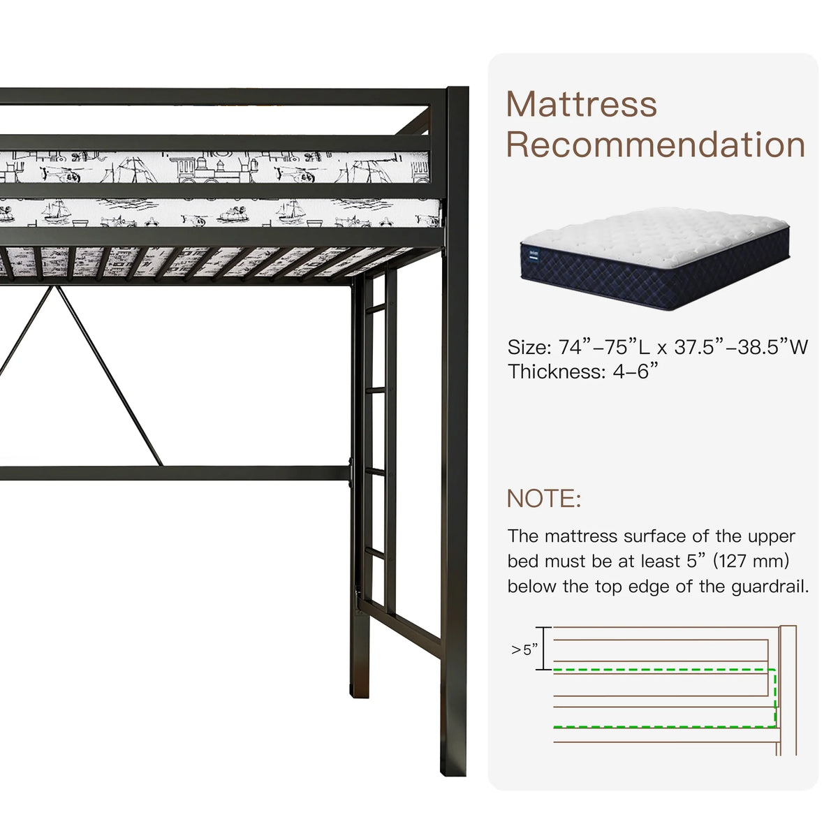 Einfach Metal Twin Size Loft Bed with Removable Ladder & Full-Length Guardrail, White