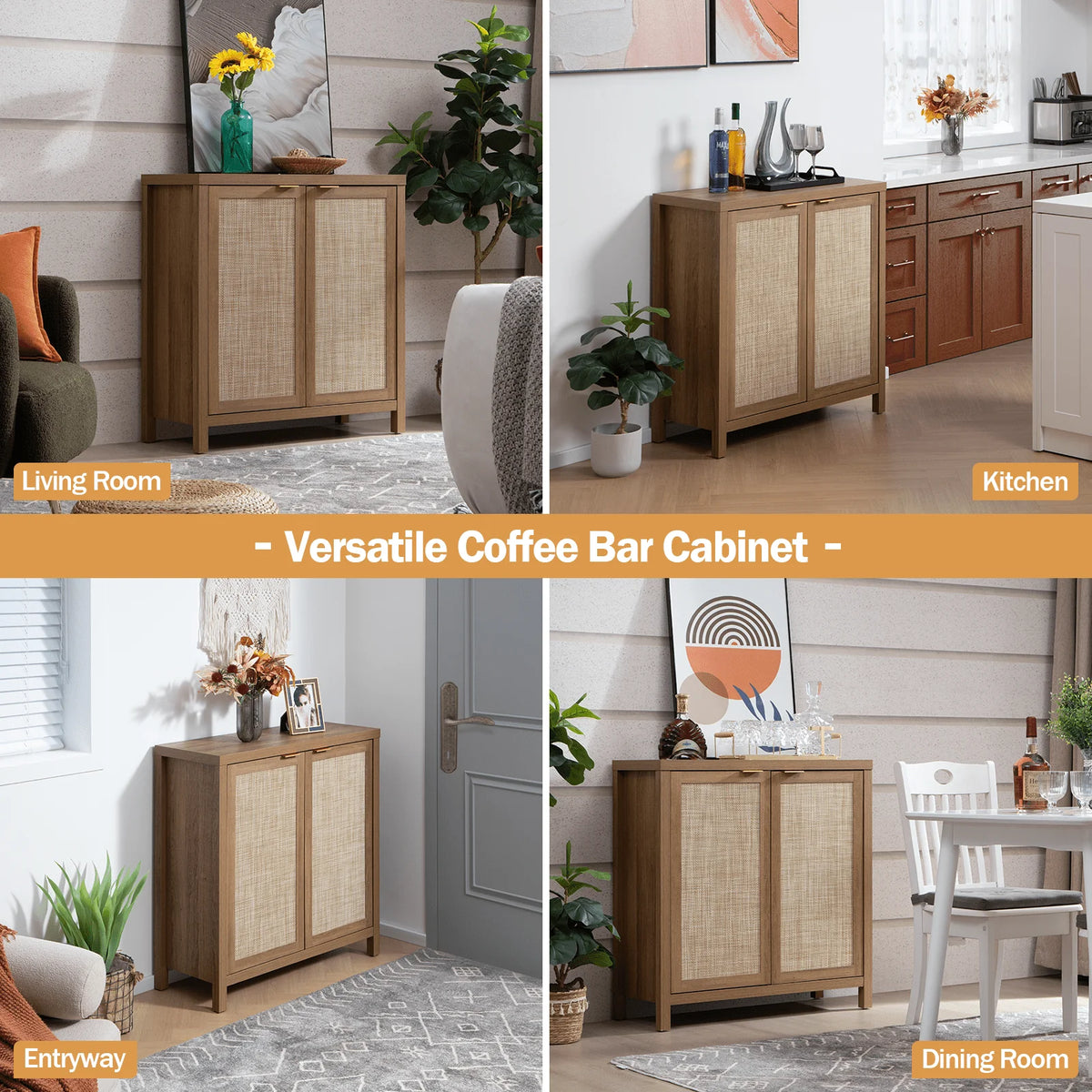 Sanspredet Sideboard Buffet Cabinet Set of 2, Rattan Cabinet with Doors Farmhouse Kitchen Storage Cabinet, Boho Liquor Cabinet Accent Cabinet